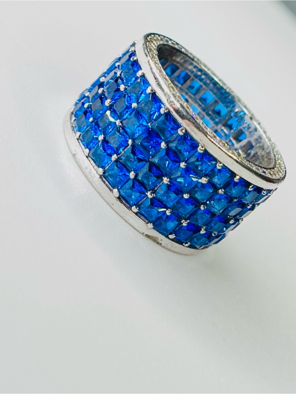 Blue Sapphire Stones Cubic Zirconia(4A) Band Ring Set In Solid Sterling Silver
